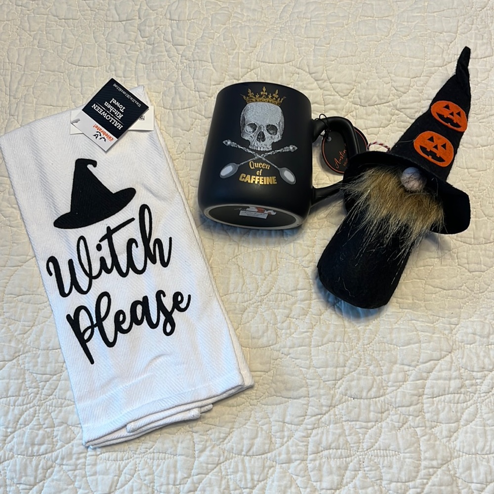 Halloween Bundle! Witch Please Dish Towel, Queen of Caffeine Coffee Mug, Gnome.